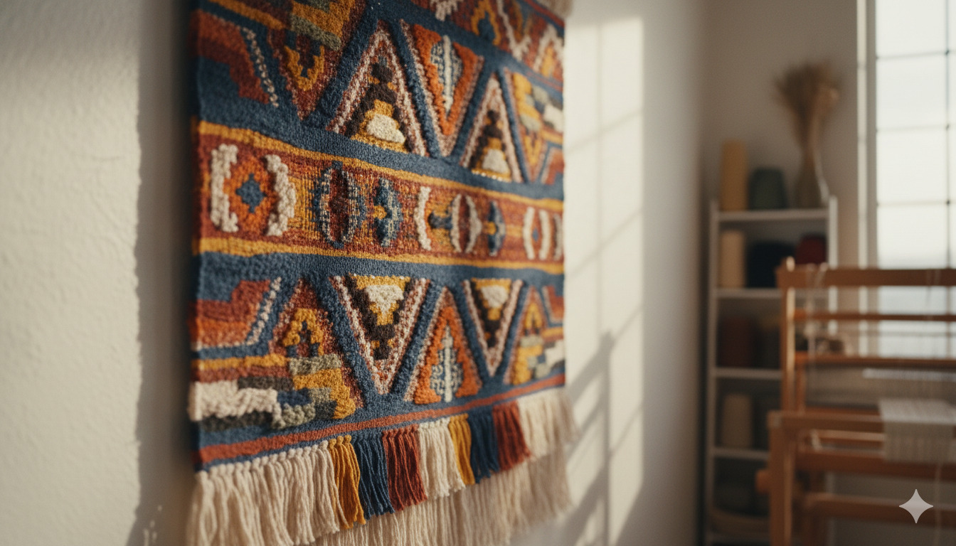 Handwoven textile art in warm colors
