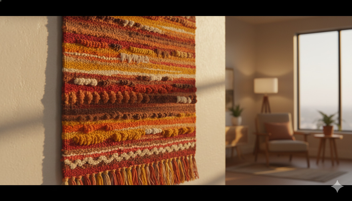 Handwoven textile wall art in warm colors